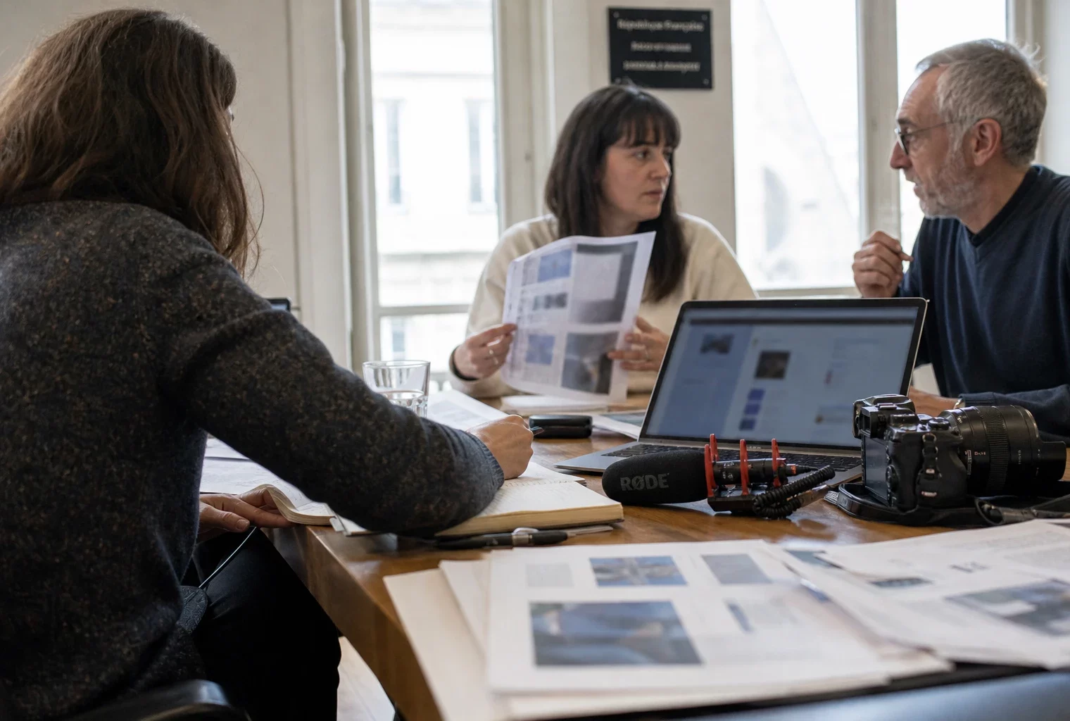 Reporter dans une rédaction parisienne, avec caméra, micro et documents flous autour d’une table de travail.