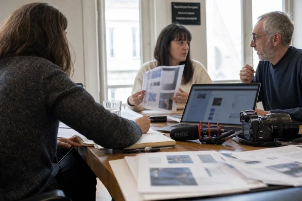Reporter dans une rédaction parisienne, avec caméra, micro et documents flous autour d’une table de travail.