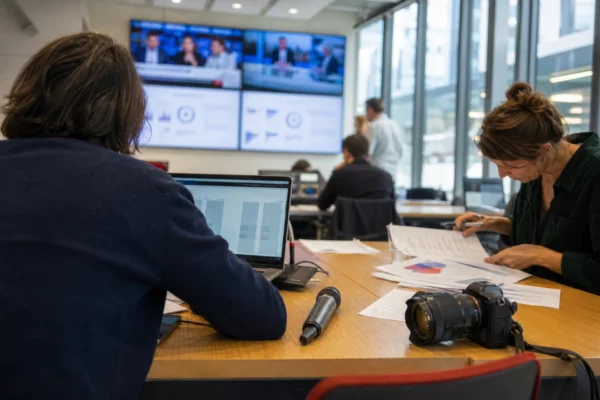 Journaliste en rédaction, micro et écrans flous, préparant une analyse politique sur la présidentielle de 2027.