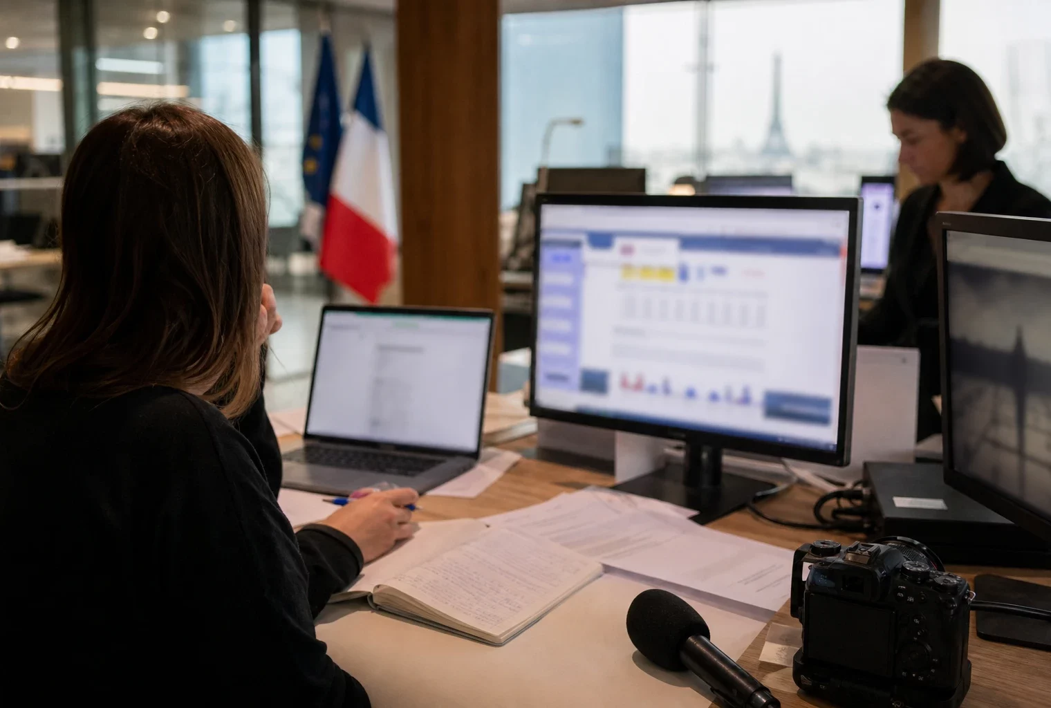 Rédaction française en préparation d’un sujet sur les institutions européennes, avec écrans flous, micro et carnet de notes.