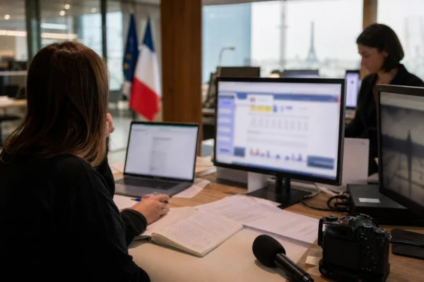 Rédaction française en préparation d’un sujet sur les institutions européennes, avec écrans flous, micro et carnet de notes.