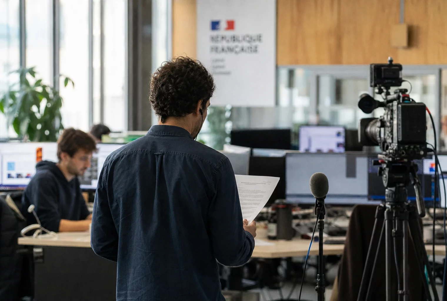 Reporters dans une rédaction française lumineuse, avec caméra de presse et écrans flous avant un sujet politique.