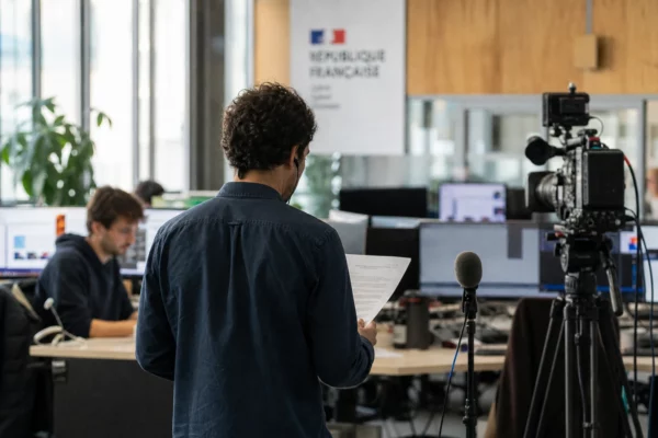 Reporters dans une rédaction française lumineuse, avec caméra de presse et écrans flous avant un sujet politique.