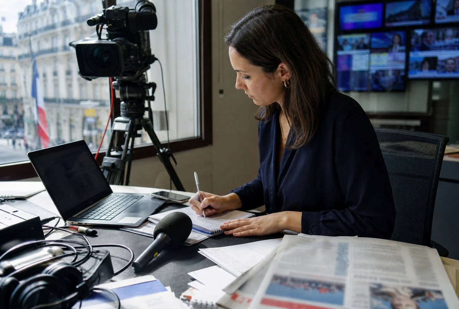 Un journaliste prépare un sujet politique dans une rédaction française, avec caméra, micro et écrans flous.