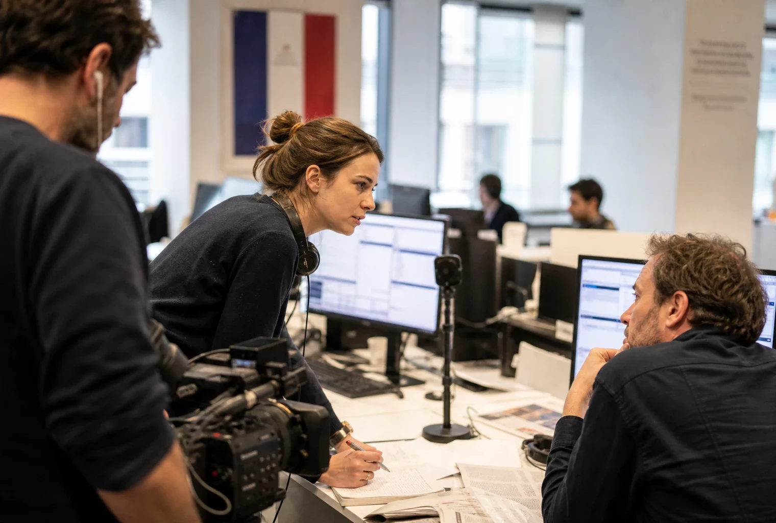 Rédaction journalistique lumineuse avec reporter, écrans flous et matériel de presse dans une newsroom française.