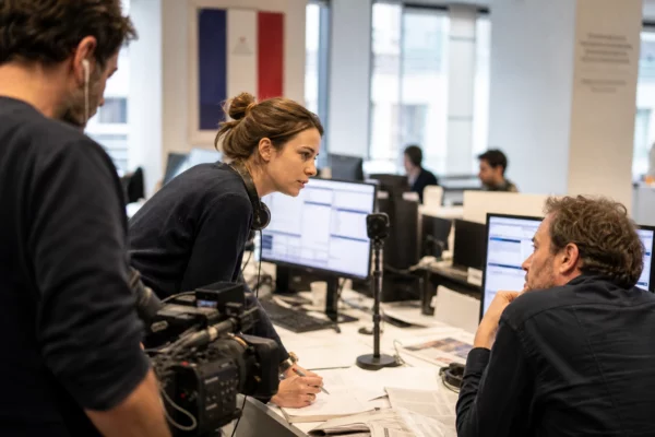 Rédaction journalistique lumineuse avec reporter, écrans flous et matériel de presse dans une newsroom française.