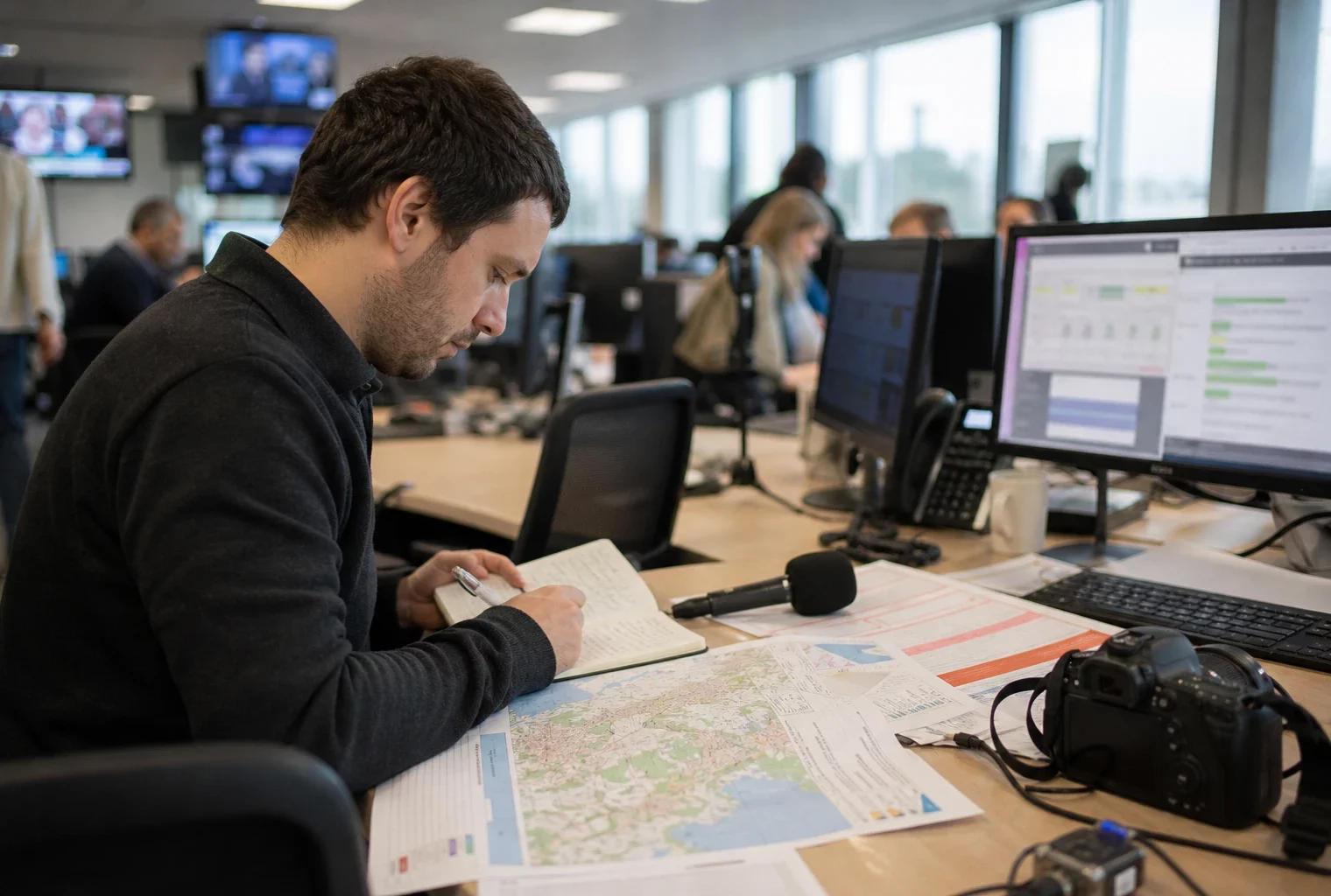 Journaliste préparant un sujet politique dans une rédaction française, avec carnet, micro et documents flous.