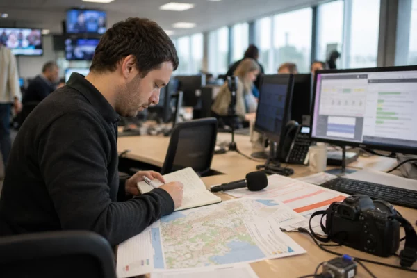 Journaliste préparant un sujet politique dans une rédaction française, avec carnet, micro et documents flous.