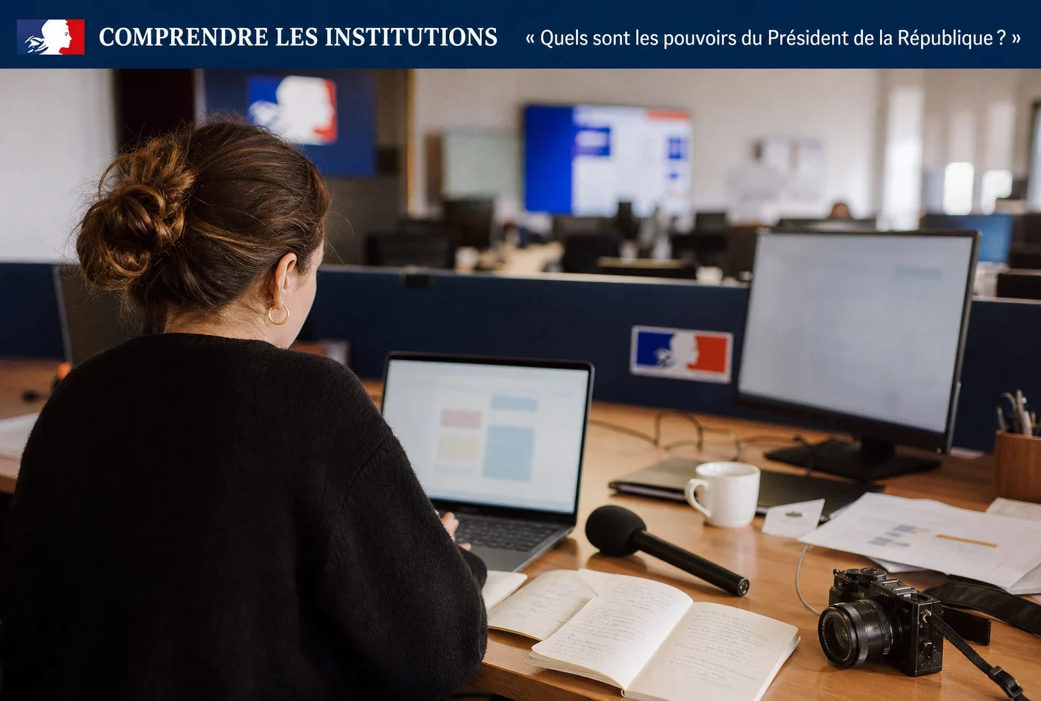Journaliste en rédaction devant un écran abstrait, carnet ouvert et micro sans logo, ambiance claire et contemporaine.