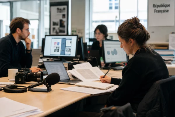 Rédaction française avec journaliste, micro sans logo et écrans flous pour un sujet sur le repas étudiant à 1 euro