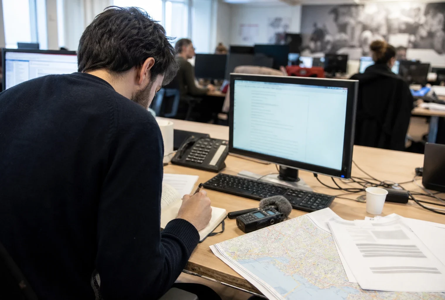 Journaliste en rédaction préparant un sujet sur la loi Ripost, avec carnet, micro et écrans flous.