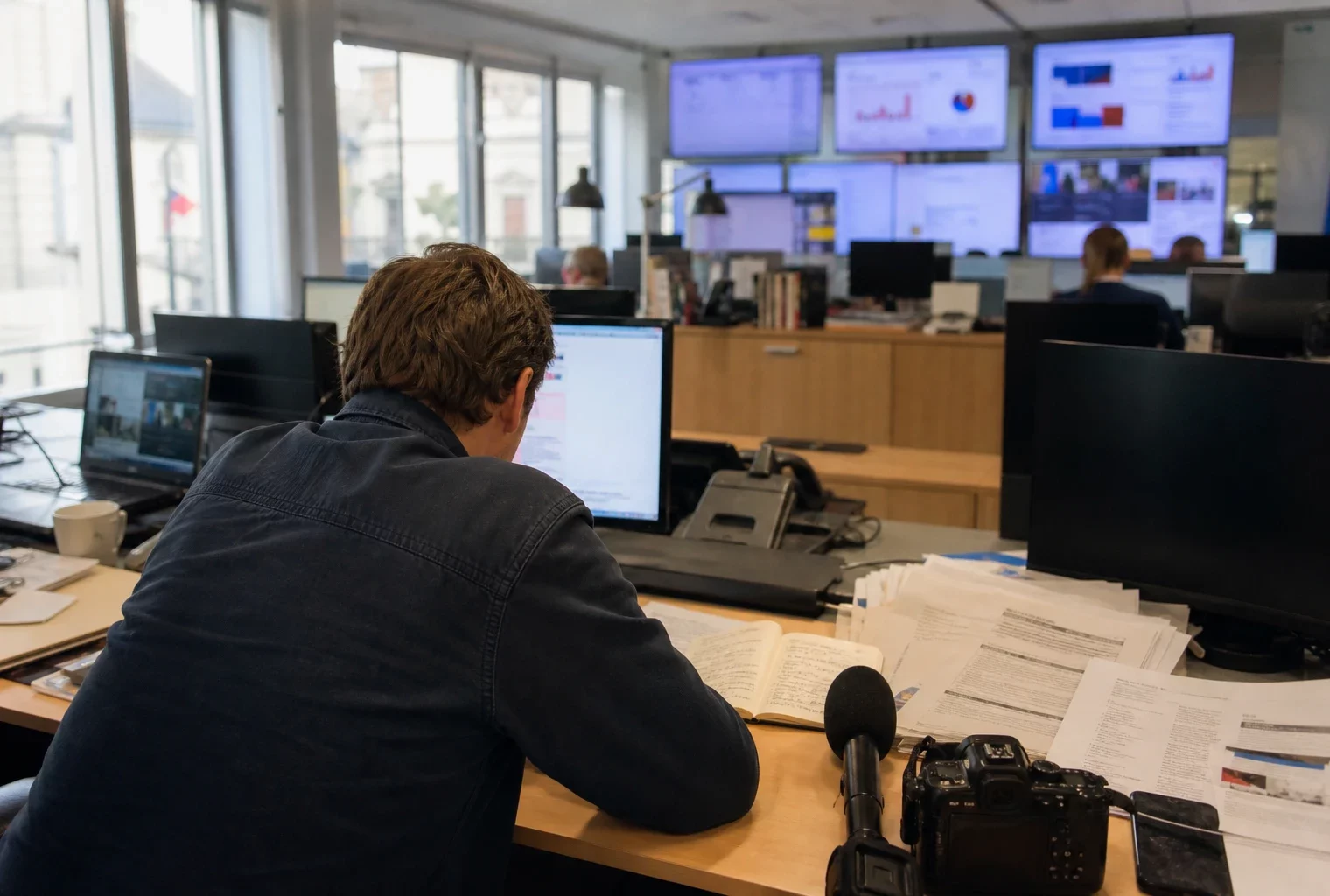 Journaliste dans une rédaction française, carnet ouvert, micro sans logo et écrans flous en arrière-plan.