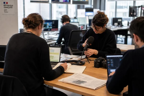 Dans une rédaction parisienne, des journalistes préparent un sujet sur l’aide à mourir avec écrans flous et micro sans logo.