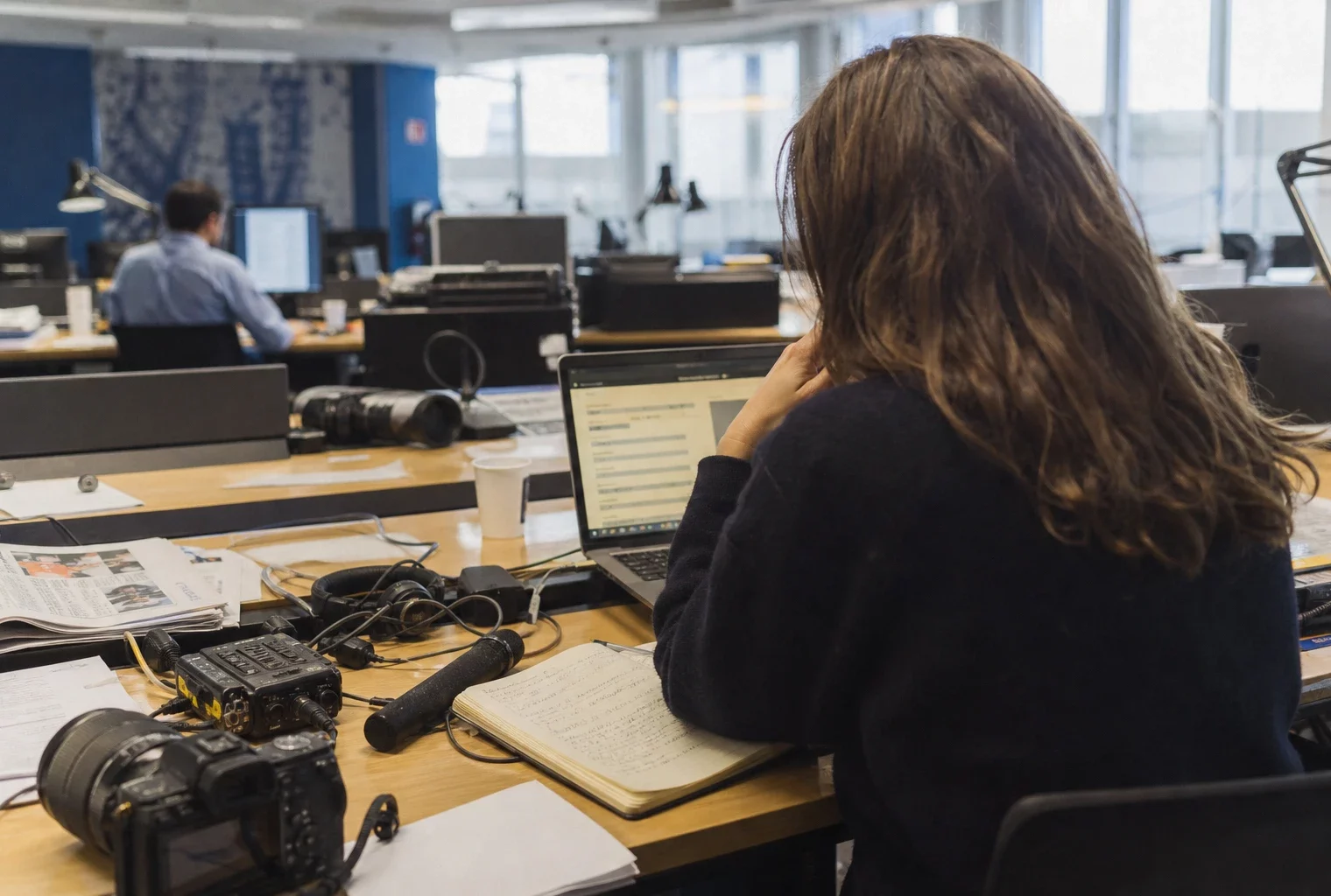 Journaliste en rédaction préparant un sujet sur les nominations politiques, avec carnet, micro et écran flou