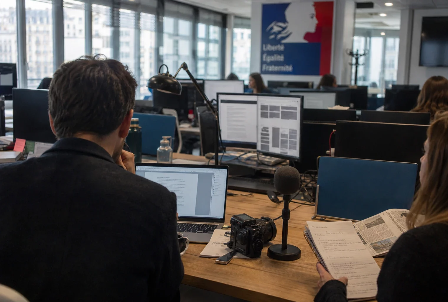 Dans une rédaction française, un journaliste prépare un sujet politique avec micro, carnet et écrans flous.