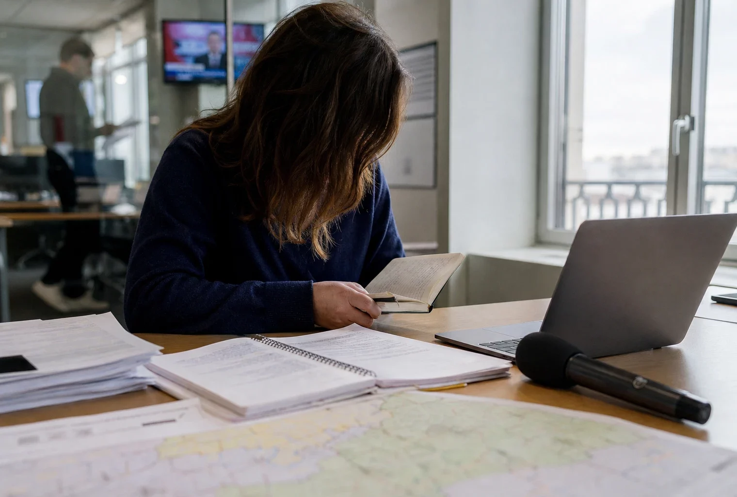 Journaliste en rédaction préparant un sujet politique, avec micro sans logo, carnet ouvert et écrans flous en arrière-plan.