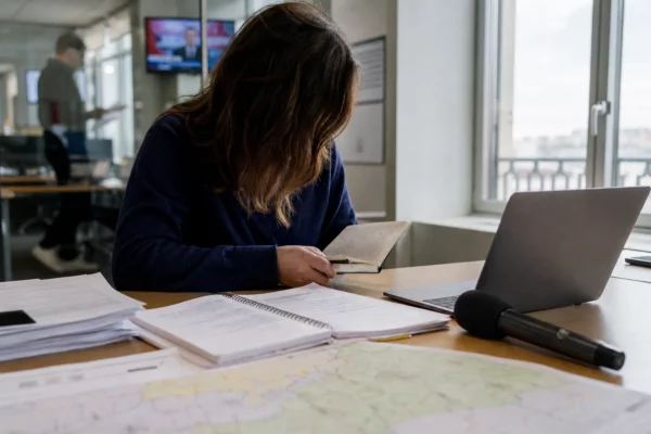 Journaliste en rédaction préparant un sujet politique, avec micro sans logo, carnet ouvert et écrans flous en arrière-plan.