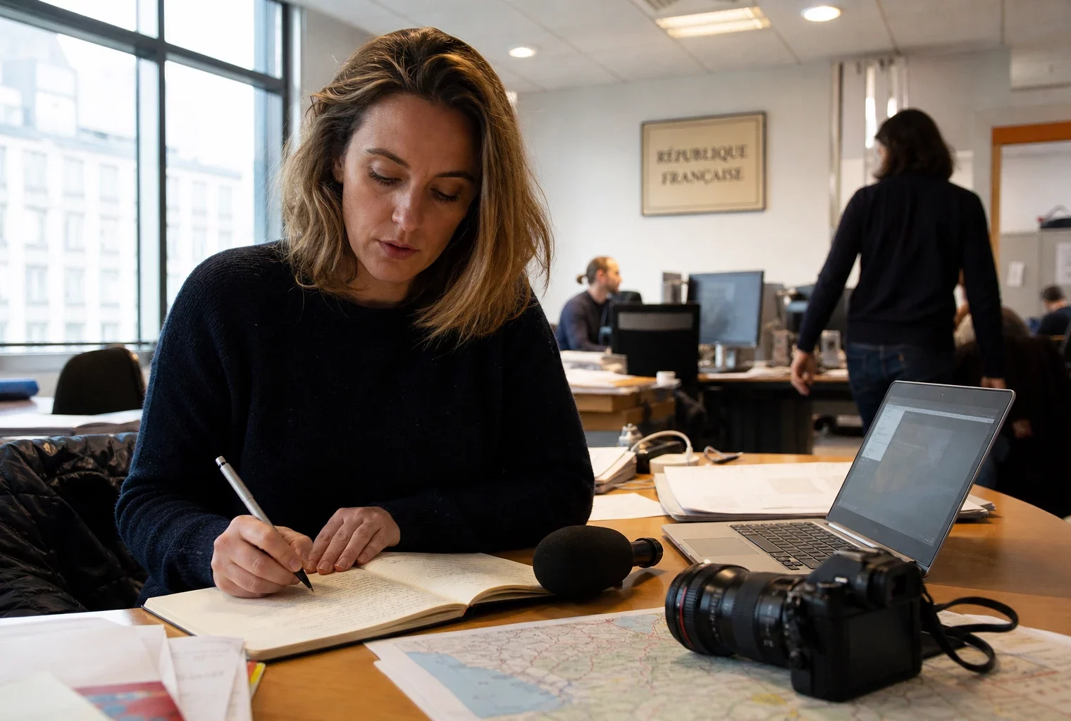 Journaliste en rédaction préparant un sujet territorial, avec carnet ouvert, micro sans logo et carte papier floue.