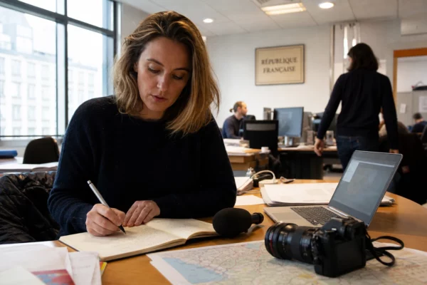 Journaliste en rédaction préparant un sujet territorial, avec carnet ouvert, micro sans logo et carte papier floue.