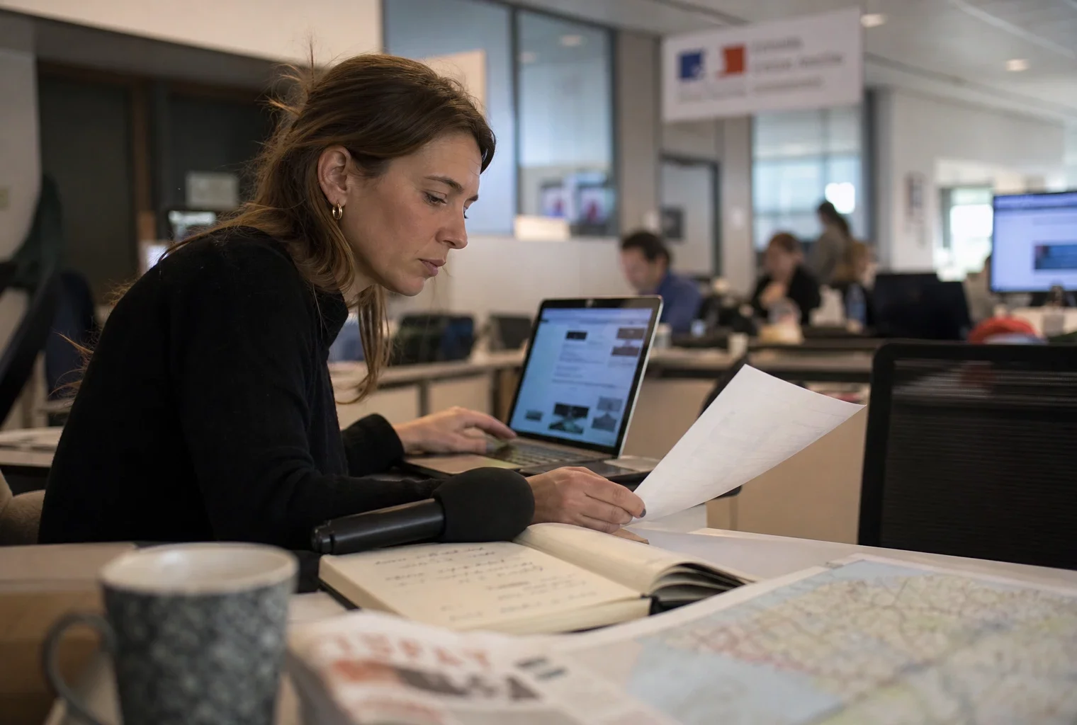 Journaliste dans une rédaction locale préparant un sujet politique avec carnet, micro sans logo et carte floue.