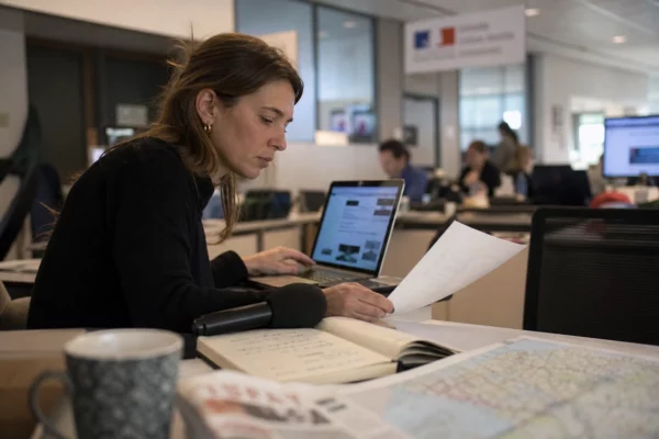 Journaliste dans une rédaction locale préparant un sujet politique avec carnet, micro sans logo et carte floue.