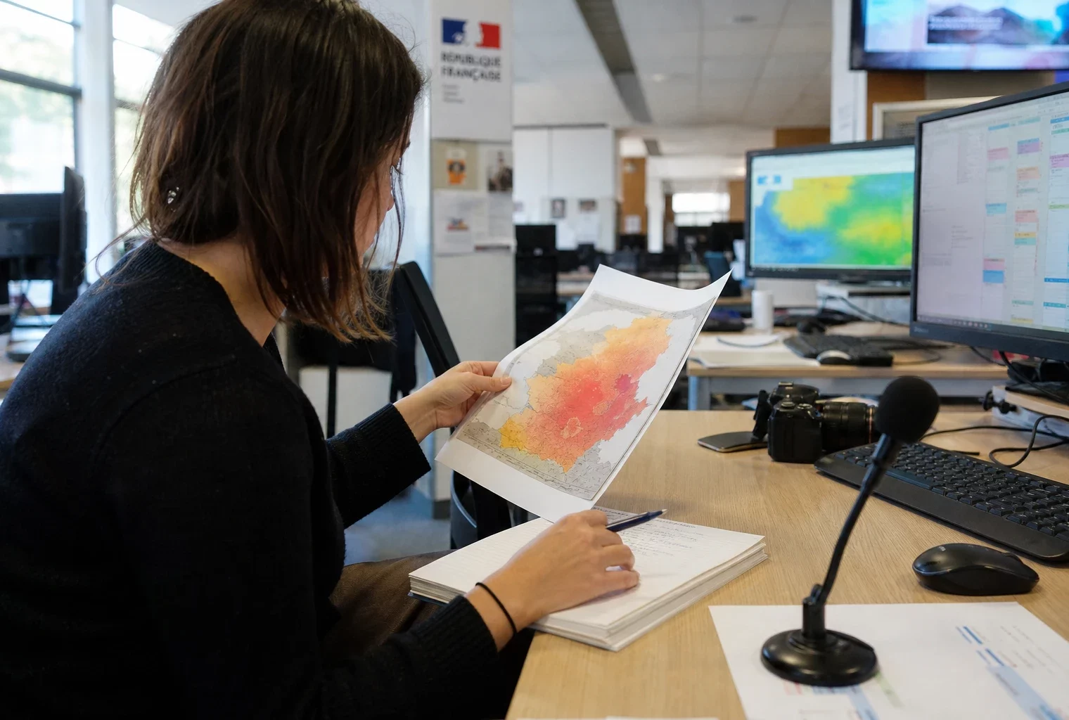 Journaliste en rédaction préparant un sujet sur la canicule, avec micro, carnet et carte météo floue.
