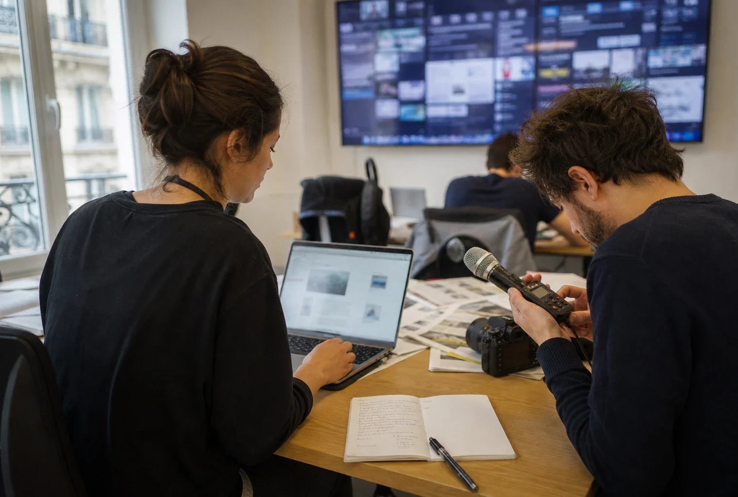 Dans une rédaction parisienne, deux journalistes préparent un sujet sur les visas entre la France et l’Algérie.