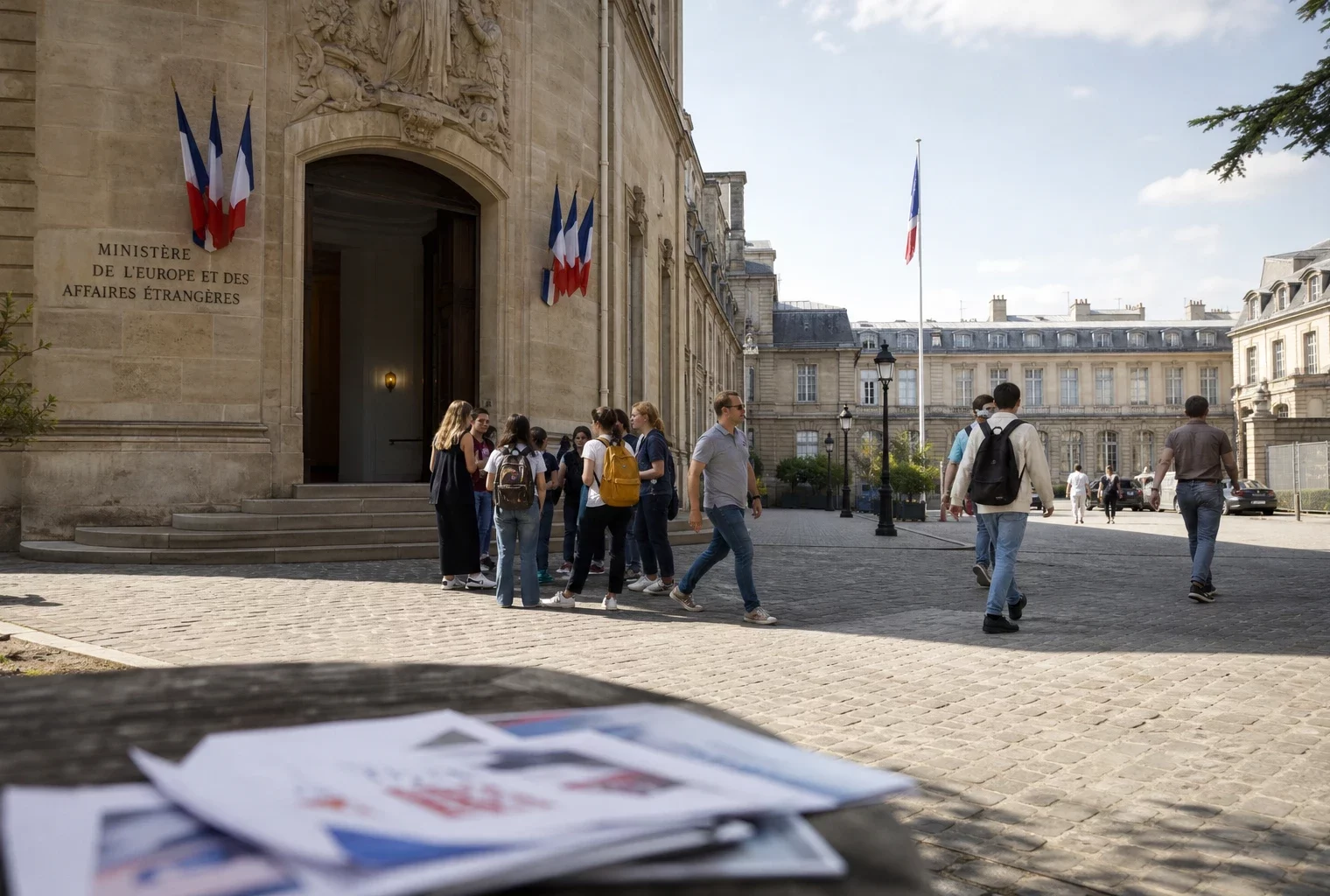 Des visiteurs traversent la cour du ministère français des Affaires étrangères à Paris, dans une scène de reportage claire et calme.