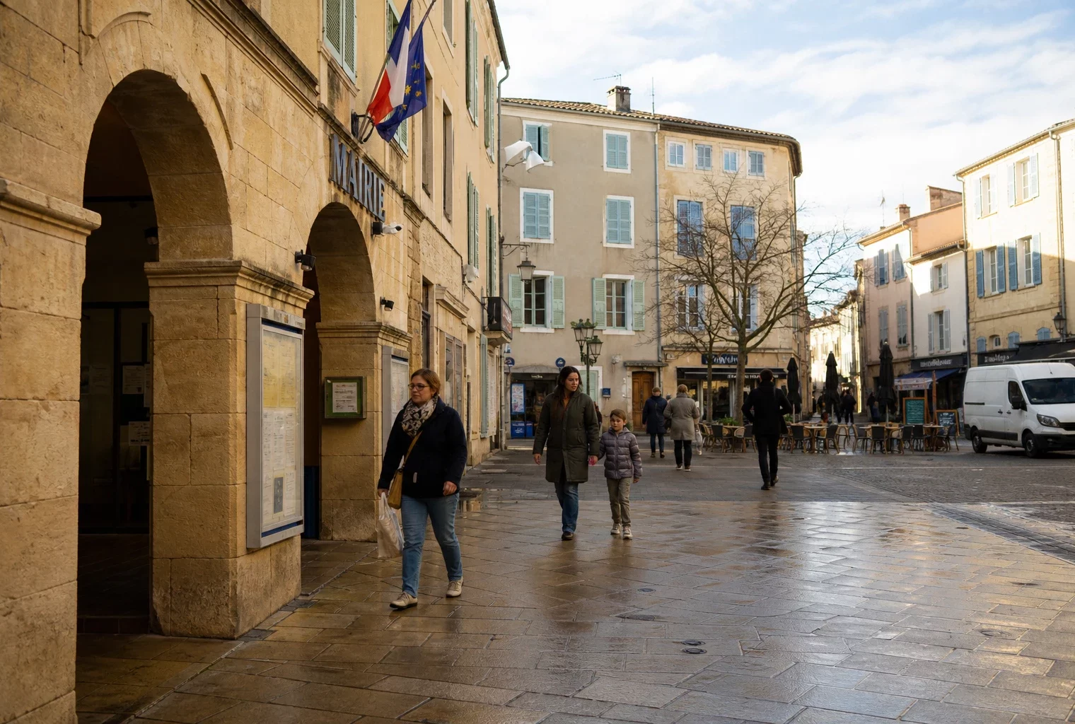 Scène de rue française devant une mairie, avec passants anonymes et ambiance calme de ville moyenne.