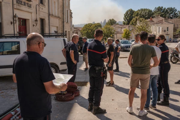 Des habitants et des secours locaux dans une place de Gironde, avec une ambiance de crise calme et un ciel légèrement enfumé.