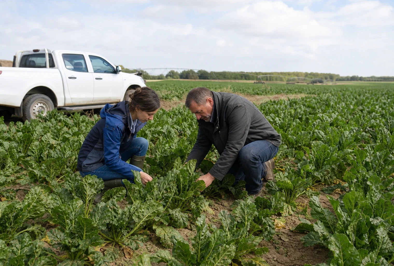 Un agriculteur et un technicien inspectent une parcelle de betteraves dans un champ français en pleine lumière.