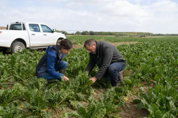 Un agriculteur et un technicien inspectent une parcelle de betteraves dans un champ français en pleine lumière.