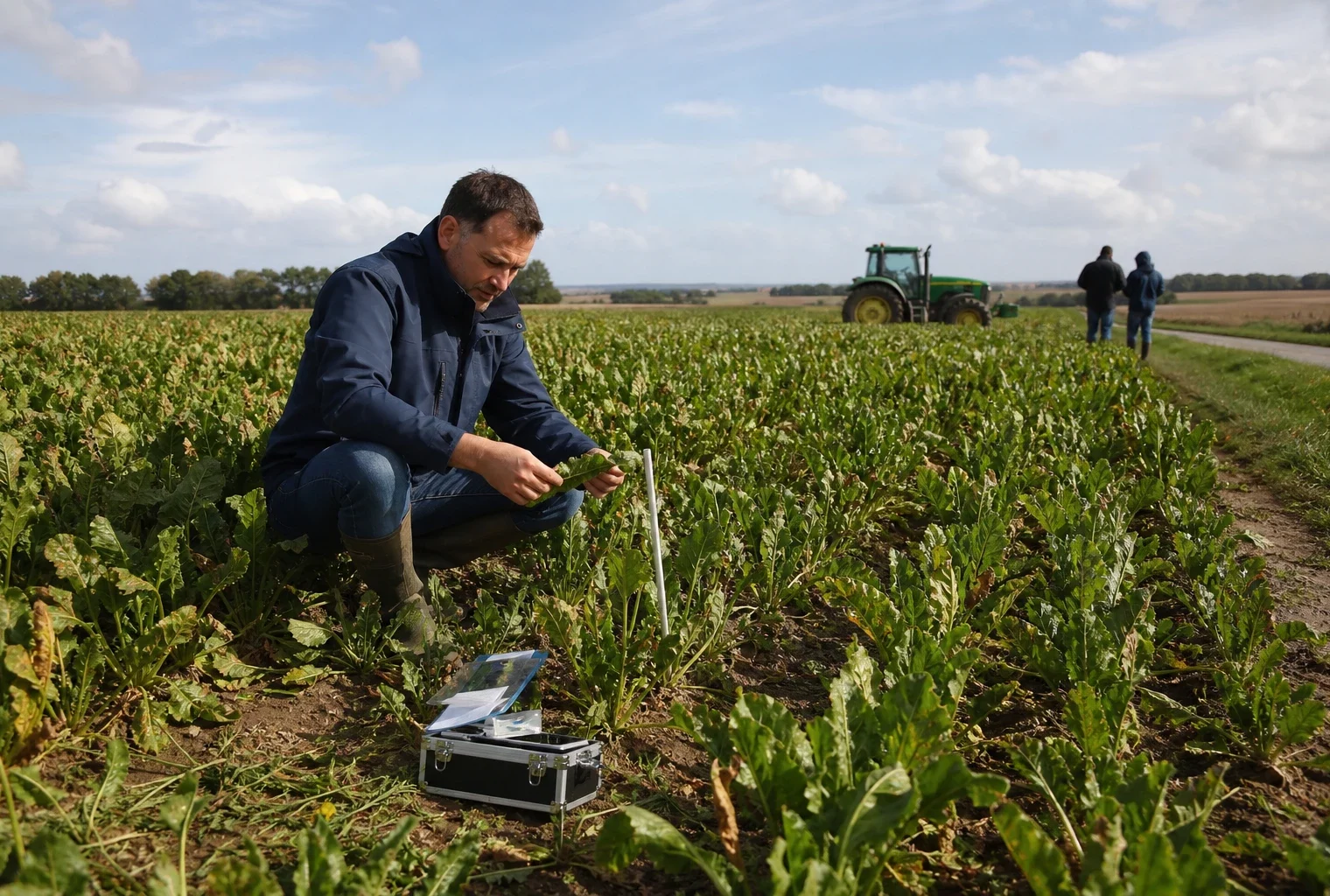Reportage en champ de betteraves avec un agronome qui inspecte les cultures dans une lumière naturelle claire.