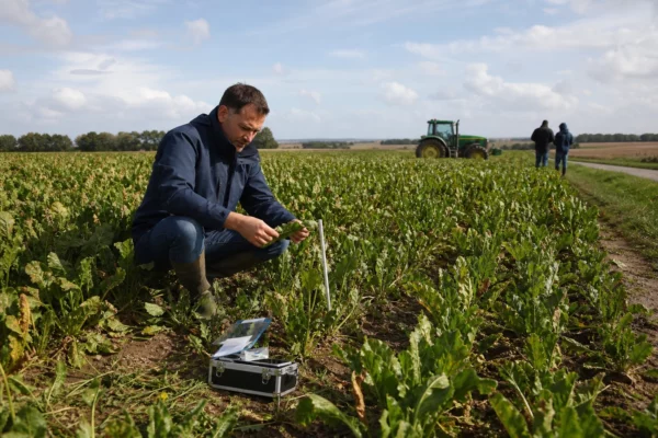 Reportage en champ de betteraves avec un agronome qui inspecte les cultures dans une lumière naturelle claire.