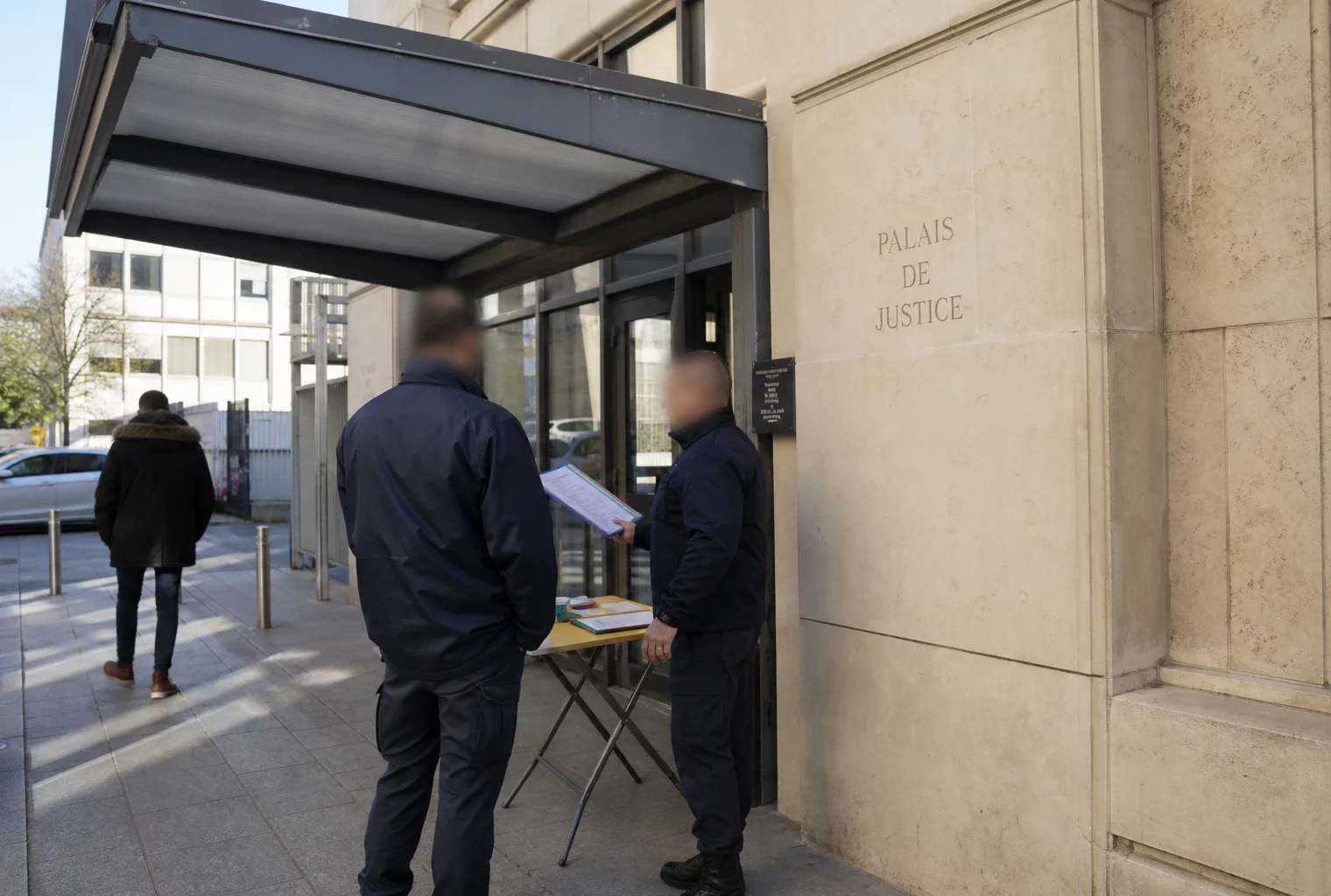 Scène calme devant un bâtiment judiciaire français avec personnels de sécurité et passants anonymes sous une lumière claire.