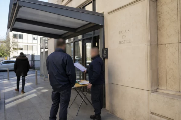Scène calme devant un bâtiment judiciaire français avec personnels de sécurité et passants anonymes sous une lumière claire.