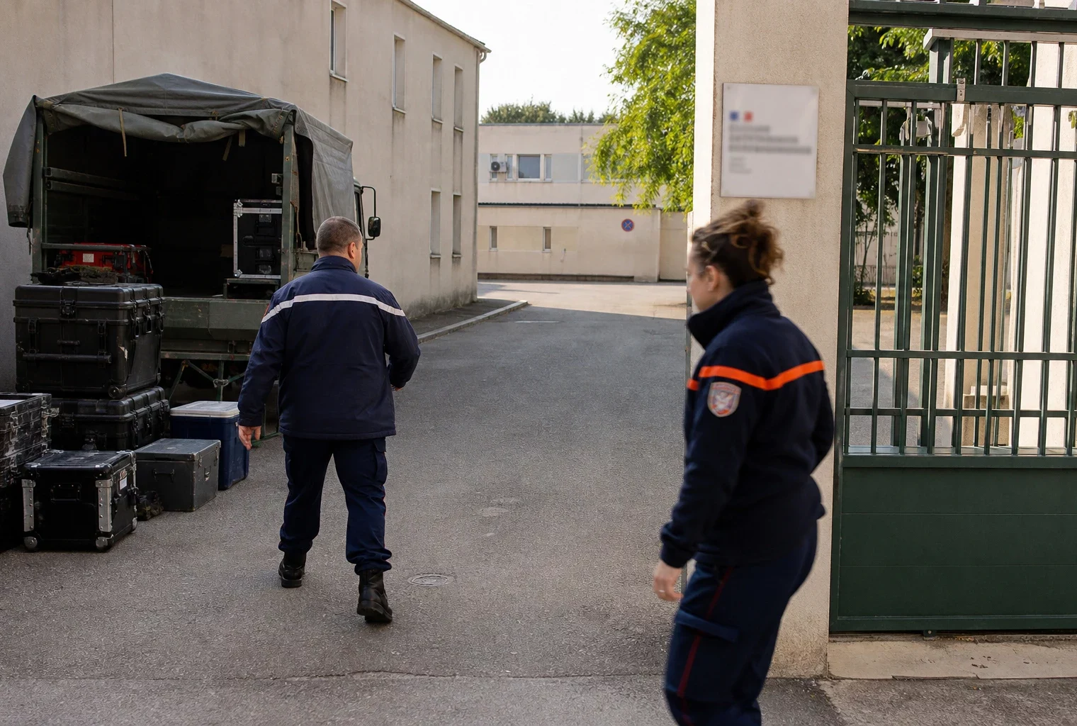 Reportage calme dans un site français de défense et de protection civile, avec matériel, camion utilitaire et silhouettes anonymes.