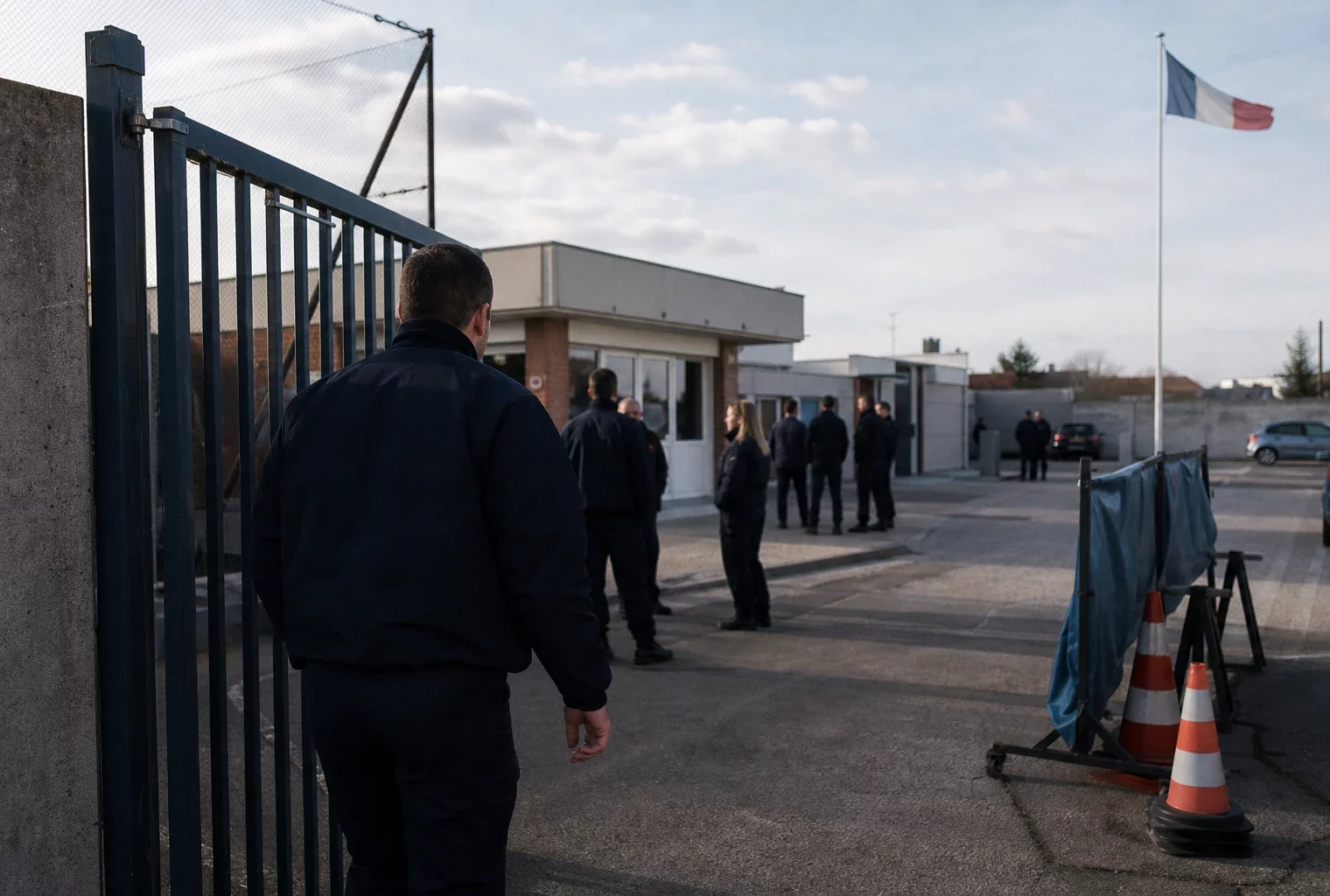 Scène calme devant un site de formation à la sécurité, avec silhouettes anonymes et cour extérieure en journée.