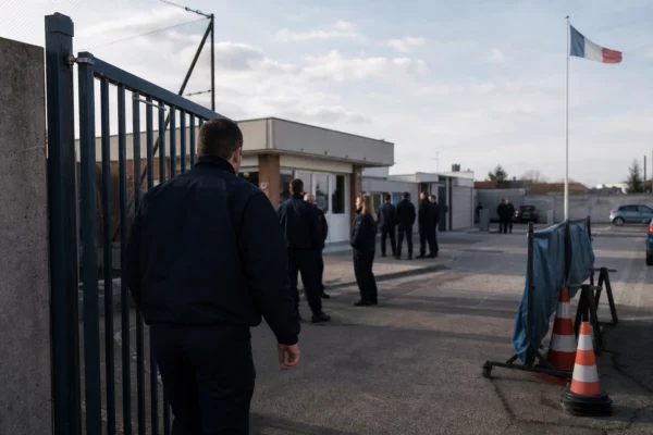 Scène calme devant un site de formation à la sécurité, avec silhouettes anonymes et cour extérieure en journée.