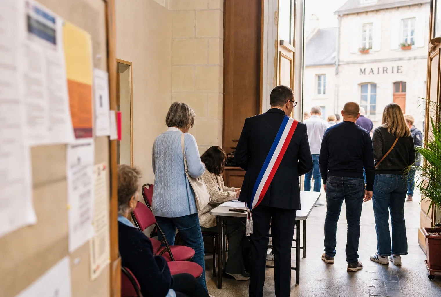 Des citoyens anonymes entrent dans une salle municipale lumineuse pour une réunion politique locale à la mairie.