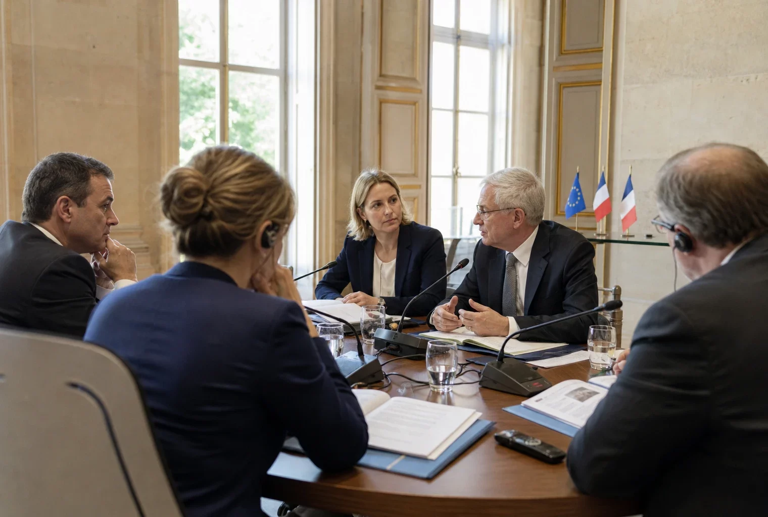Réunion européenne sobre à Paris avec cinq personnes autour d’une table, dossiers ouverts et petits drapeaux discrets.