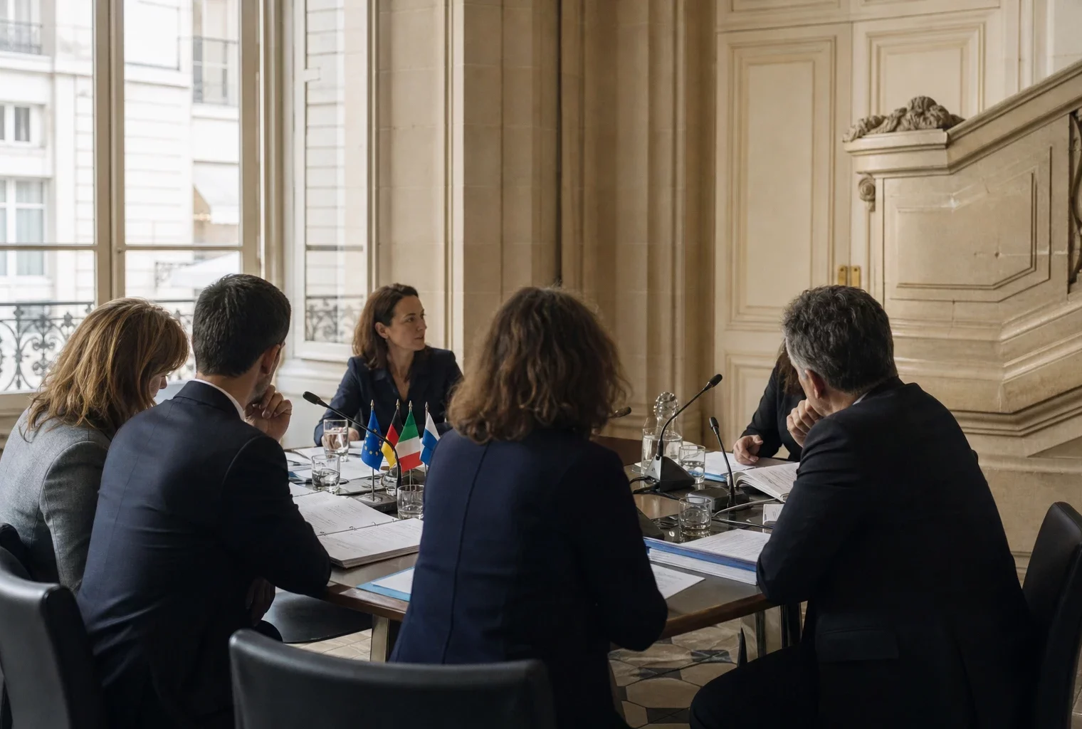 Réunion européenne sobre avec dossiers, micros et silhouettes de dos dans une salle institutionnelle claire.