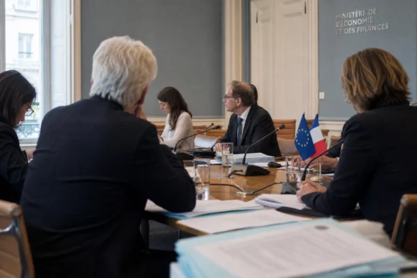 Réunion européenne sobre avec silhouettes anonymes, dossiers et drapeaux de table discrets dans une salle lumineuse.