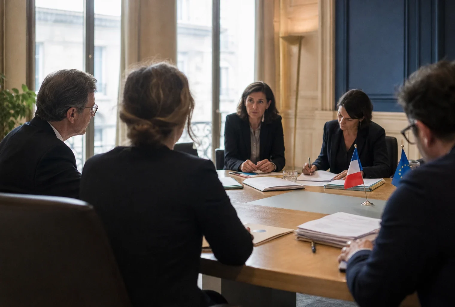 Réunion européenne sobre avec silhouettes de dos, dossiers ouverts et petits drapeaux de table dans une salle lumineuse.