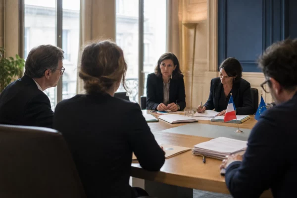 Réunion européenne sobre avec silhouettes de dos, dossiers ouverts et petits drapeaux de table dans une salle lumineuse.