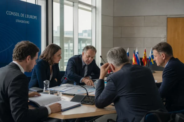 Réunion européenne sobre à Strasbourg avec plusieurs responsables autour d’une table et des documents flous.