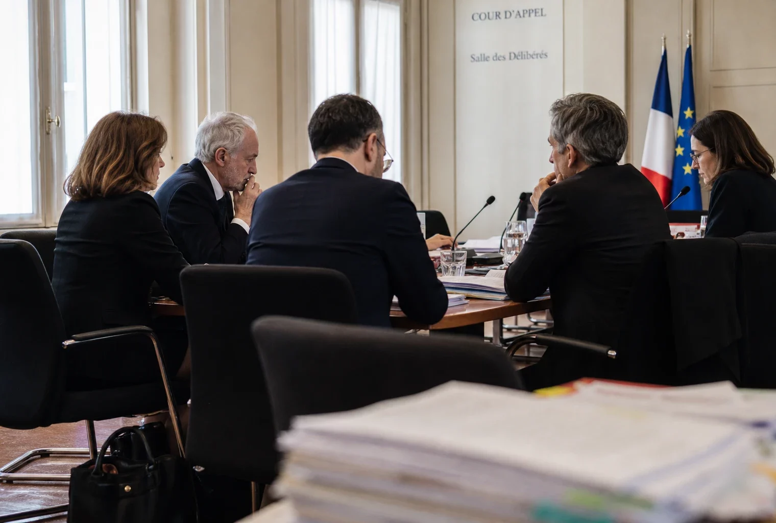 Réunion institutionnelle européenne avec dossiers, micros et silhouettes de dos dans une salle lumineuse et sobre.