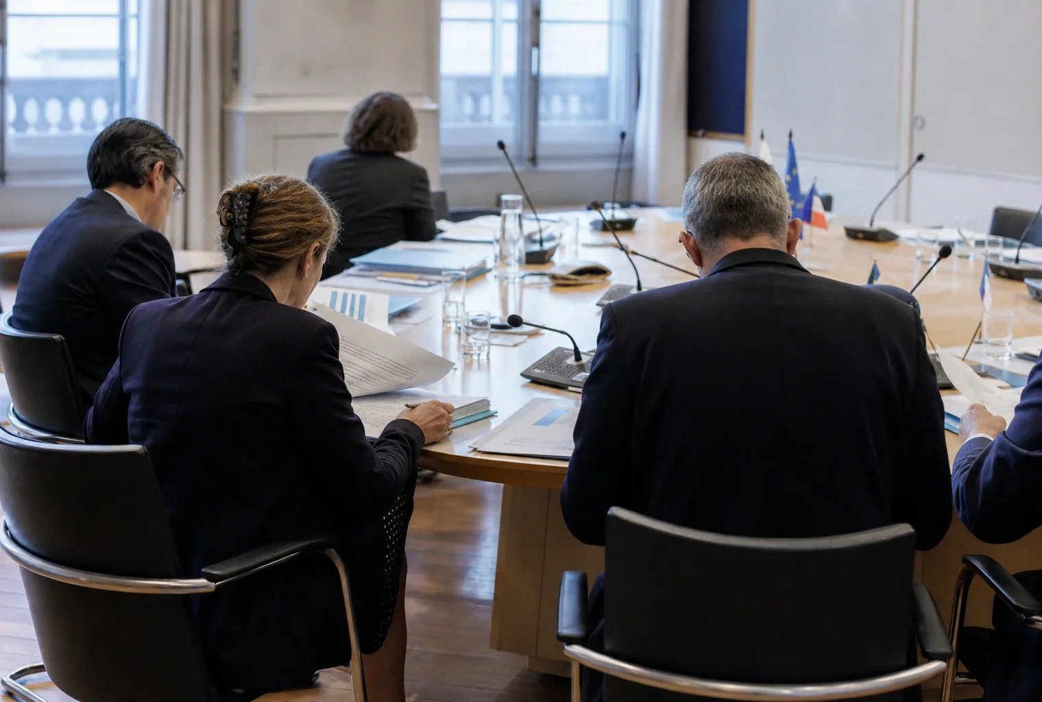 Réunion européenne sobre avec cinq silhouettes de dos, dossiers ouverts et petits drapeaux de table discrets.
