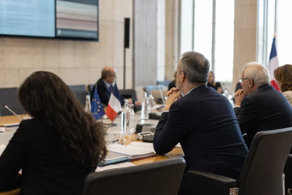 Réunion européenne sobre avec silhouettes de dos, dossiers ouverts et petits drapeaux de table dans une salle claire.