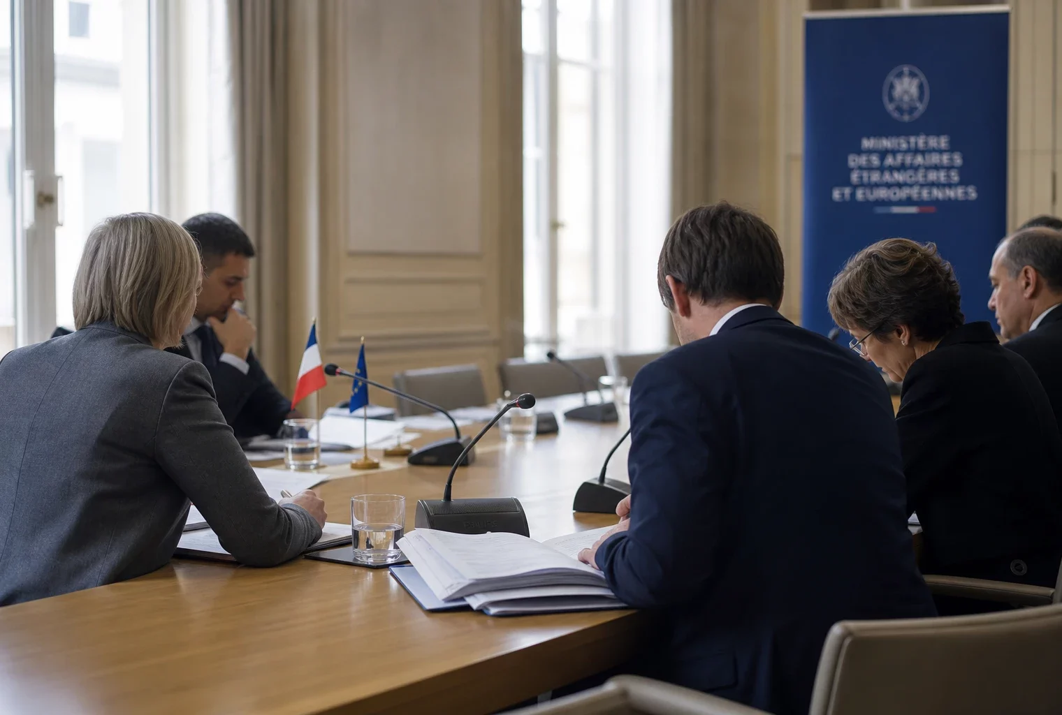 Réunion européenne sobre avec dossiers et micros, silhouettes anonymes de dos autour d’une table